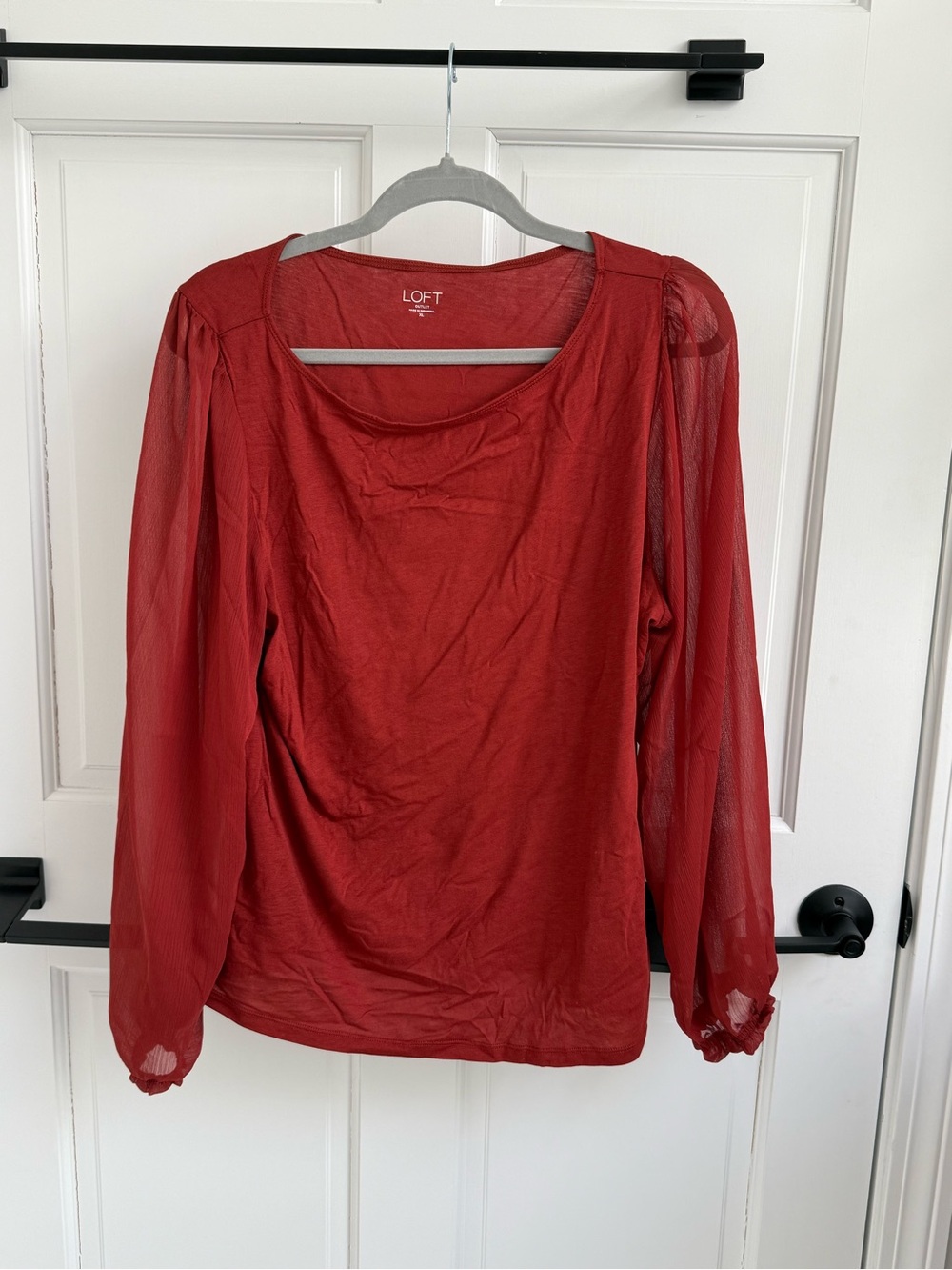 LOFT Red Scoop Neck Long-Sleeve Blouse